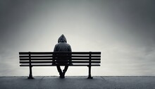 Anxiety Solitary Man In Hoodie Sitting On Bench From Behind Against Empty Dark Grey Background With Copy Space