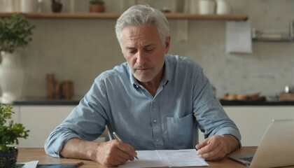 Sticker - Bankruptcy concept - stressed Caucasian man with laptop, confused by financial crisis, calculating expenses from invoice, bills, credit card, can’t pay debt mortgage or loan