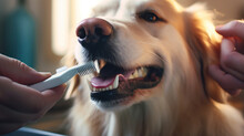 Close-up Of A Dog Teeth Being Brushed By Its Owner At Home