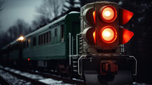 Close-up Of A Train Signal Light With An Approaching Train In The Background