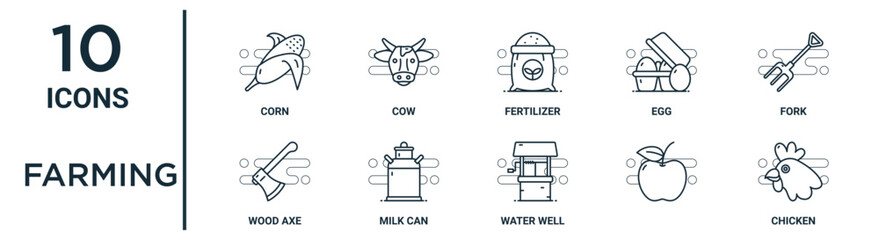 farming outline icon set such as thin line corn, fertilizer, fork, milk can, , chicken, wood axe icons for report, presentation, diagram, web design