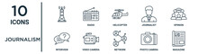 Journalism Outline Icon Set Such As Thin Line , Helicopter, Opinion, Video Camera, Photo Camera, Magazine, Interview Icons For Report, Presentation, Diagram, Web Design