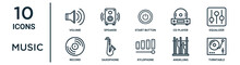 Music Outline Icon Set Such As Thin Line Volume, Start Button, Equalizer, Saxophone, Angklung, Turntable, Record Icons For Report, Presentation, Diagram, Web Design