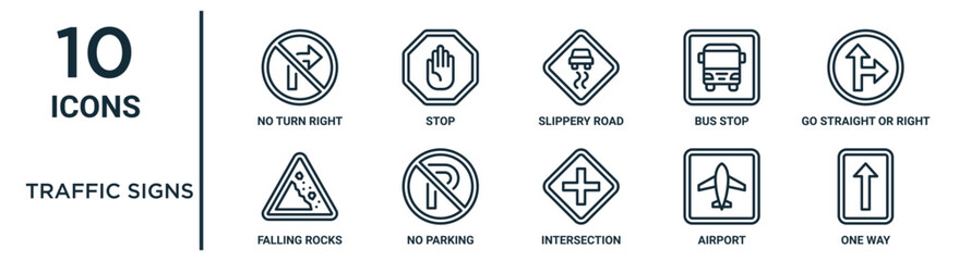 traffic signs outline icon set such as thin line no turn right, slippery road, go straight or right, no parking, airport, one way, falling rocks icons for report, presentation, diagram, web design