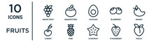 Fruits Outline Icon Set Such As Thin Line Grape Fruit, Avocado, Mango, Pine, Strawberry, Peach, Cherry Icons For Report, Presentation, Diagram, Web Design