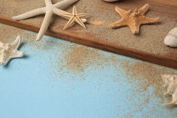 Poster - Wooden plank with beautiful starfishes, sea shells and sand on light blue background. Space for text