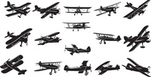 Set Of Biplane Silhouettes, Isolated Vector Of Old Aeroplane 
