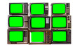 Leinwandbild Motiv Nine antique TVs, Vintage old televisions with chroma key green screen for designers, isolated on white background with clipping path.