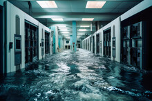 Datacenter Being Flooded. Water Flooding The Supercomputer Array, IT Damage