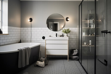 Sleek Scandinavian Bathroom with Monochromatic Color Scheme and Minimalist Fixtures