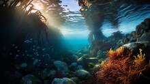 A Dense Kelp Forest Beneath The Surface Of The Ocean, Teeming With A Diverse Array Of Marine Life