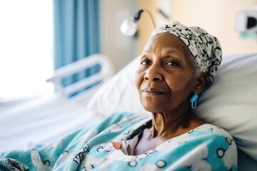 Smiling portrait of a senior african american woman in a hospital bed in a hospital