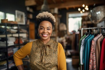 Wall Mural - Smiling portrait of a happy female african american second hand clothing store owner