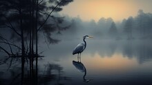 A Serene Lake, Where A Graceful Heron Stands Perfectly Still In The Shallows, Awaiting Its Prey