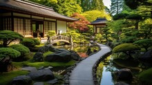 A Tranquil Japanese Garden, With Meticulously Raked Gravel Paths, Bonsai Trees, And A Koi Pond