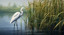 A White Egret Standing Tall Amidst The Tall Reeds Of A Tranquil Marshland