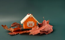 Dry Maple Leaves Around A Miniature Orange House On A Green Background.