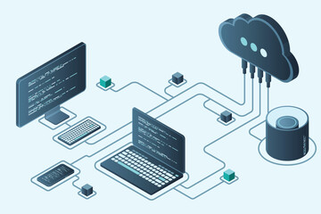 Wall Mural - cloud technology computing concept. modern cloud technology. data center isometric concept. isometri