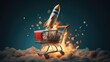 rocket coming out of groceries to show the skyrocketing cost of food and living. generative AI