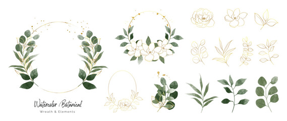 Wall Mural - Luxury botanical gold wedding frame elements collection. Set of circle, glitters, leaf branches, rose flower, eucalyptus. Elegant foliage design for wedding, card, invitation, greeting.