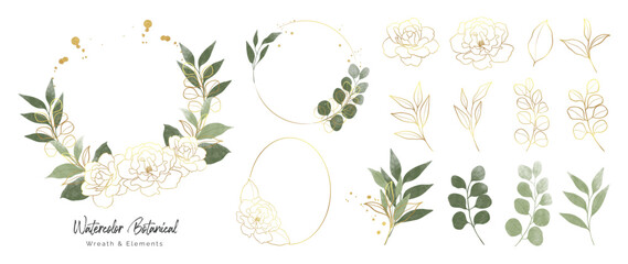 Sticker - Luxury botanical gold wedding frame elements collection. Set of circle, glitters, leaf branches, rose flower, eucalyptus. Elegant foliage design for wedding, card, invitation, greeting.