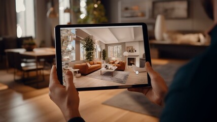 Hands holding tablet in living room