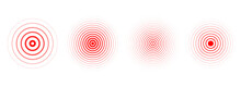Red Concentric Ripple Circles Set. Sonar Or Sound Wave Rings Collection. Epicentre, Target, Radar Icon Concept. Radial Signal Or Vibration Elements. Halftone Vector Illustration