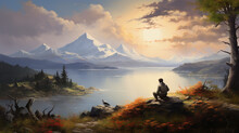 A Picture Of A Boy Sitting On A Stone On A Hill Under A Beautiful Tree And Looking At A Valley With A Large Lake And Mountains On The Horizon