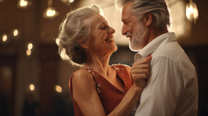 An older couple sharing a slow dance,  their smiles reflecting years of love and shared memories