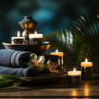 Spa accessory composition set in day spa hotel , beauty wellness center . Spa product are placed in luxury spa resort room, ready for massage therapy from professional service. Made with generative ai