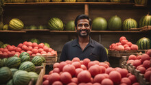 An Indian Man Selling Fruits In His Shop.