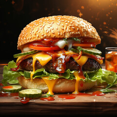 Wall Mural - Delicious Burger with Melting Cheese. Made with genereative ai