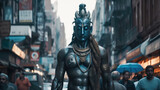 Fototapeta  - Cinematic portrayal of a man impersonating Lord Shiva, strolling in a majestic manner