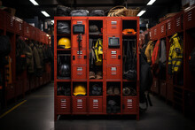Locker In A Fire Station, Housing Firefighting Gear And Uniforms, Generative AI