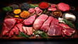 4K types of meat for cooking on a wooden tabletop in a kitchen. wallpaper, backdrop, food photography, rice, healthy food. 16:9 wide