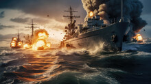 War In The Open Ocean, Marked By Battleships, Fire, And Intense Naval Operations