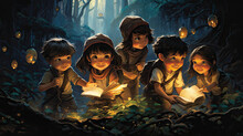 Group Of Children With Books In The Forest