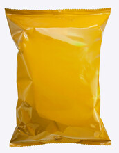 Food Packaging, Foil And Plastic Snack Bags Mockup Isolated On White Background, Yellow Colored Pillow Packages For Food Production On White Background With Clipping Path.