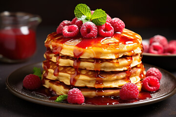 Poster - A stack of pancakes with syrup and raspberries