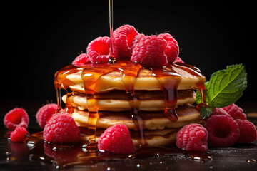 Poster - A stack of pancakes with syrup and raspberries