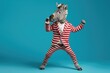 Zebra wearing colorful clothes  dancing on the blue background	