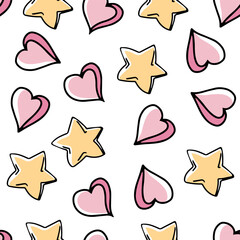 Wall Mural - Doodle-style seamless pattern of star and hearts. Festive concept. Hand drawn color vector outline sketch.
