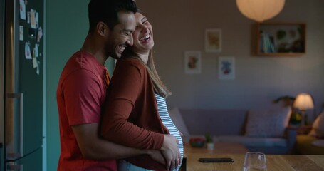 Sticker - Pregnant, hug and couple in a kitchen at night with smile, bond and happy in their home together. Pregnancy, love and man with woman embrace, laugh and share romance, funny and moment in their house