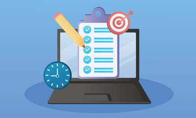 laptop computer Complete with checklist and pencil work management concept.on blue background.Vector Design Illustration.
