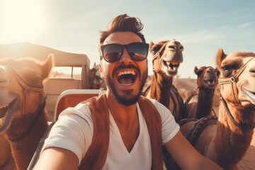 Happy tourist having fun enjoying group camel ride tour in the desert - Travel, life style, vacation activities and adventure concept