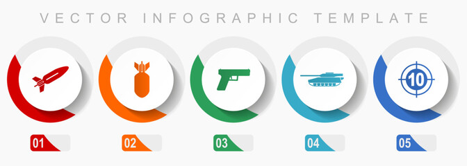 Poster - War icon set, miscellaneous icons such as missle, bomb, gun, tank and target, flat design vector infographic template, web buttons in 5 color options