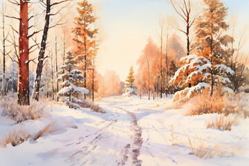 Wall Mural - Watercolor, Winter forest