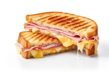Cut Cheese And Ham Toasted Panini Melt With Grill Marks. Isolated On White Background
