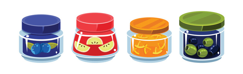 Glass Jars Collection with Different Food Inside Vector Set