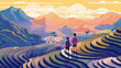 vector illustrations two kids standing on a high plateau with rice terraces,mucangchai,Vietnam generative ai